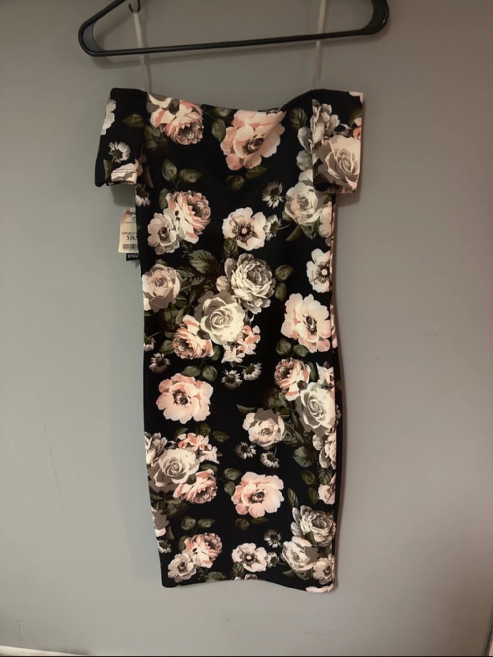 Black Floral Off-Shoulder Bodycon Dress with Pink & Cream Roses